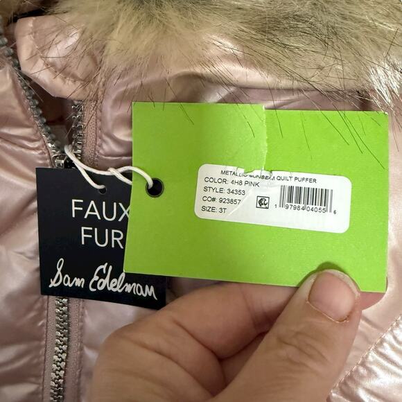 SAM EDELMAN METALLIC SUNBEAM QUILT PUFFER JACKET 3T Faux Fur Pink Girls NWT - Picture 3 of 10